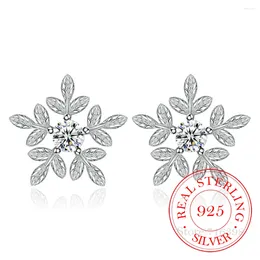 Stud Earrings 925 Sterling Silver Hollow Snowflake Zircon Flower For Women Christmas Gift Brincos Oorbellen