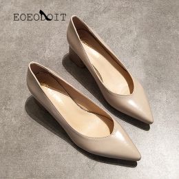 Heels EOEODOIT 5.5 CM Chunky Block Heel Pumps Pointed Toe Office Dress Lady Classic Med Heel Leather Shoes Ice Cream Color Heels
