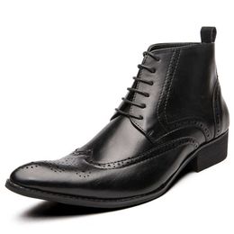 HBP Non-Brand Pointy Toe Fashion Design High Top Brogue Pattern Ankle Leather Dress Shoes Boots for Men