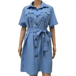 Casual Dresses Solid Colour Shirt Dress Women Summer V Neck Button Down With Belted Pocket Women's For Streetwear