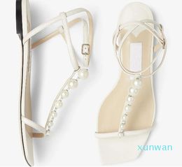 Summer Luxury Amari Sandals Shoes Latte Nappa Latte Flats with Pearls & Crystal embellishment Evening Dress Lady Gladiator Walking White Black