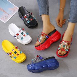 HBP Non-Brand 9cm 3.5 inch Height Outdoor Fashion Shoes Woman Cratal Rhinestone Colourful Slippers Ladies Summer Sandals Women Sandal Heels