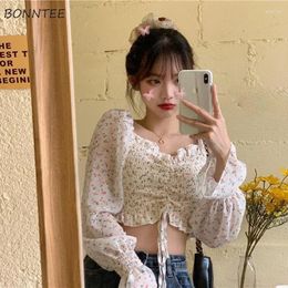 Women's Blouses Women Floral Shirring Slim Crop Top Summer Design Navel Thin All-match Elasticity 3 Colours Blusas Mujer Fashion Soft