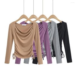 Women's T Shirts Black Crop Tops Women 2024 Y2k Streetwear Long Sleeve Tees Vintage Clothes Ruched Shirt Yoga Purple Korean Fashion