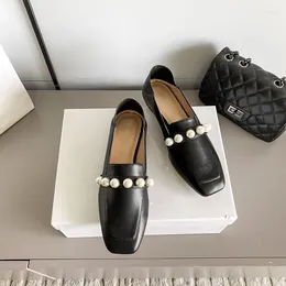 Casual Shoes 2024 Summer Pearl Loafers Women's Head And One Pedal Two Wear Flat Bottom Thick Heel Shallow Mouth