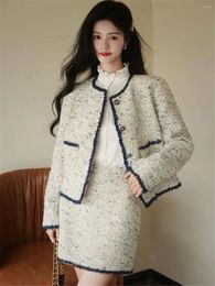 Work Dresses Korean Fashion Tweed Two Piece Set Women Elegant Tassels Outfits Autumn Long Sleeve Jacket A-Line Mini Skirt 2pcs Suit Vintage