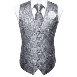 Vests HiTie Grey Men Silk Vests Luxury Neck Tie Hanky Cufflinks Brooch Set Classic Paisley Waistcoat for Male Wedding Party Designer