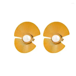 Stud Earrings ANEEBAYH Elegant Imitation Pearl Stainless Steel Gold Color Fan Shape Large For Women Franch Wedding Party Jewelry