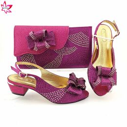 Boots 2021 Low Heels Mature Style Italian Women Shoes and Bag Set in Magenta Color Comfortable Heels Italian Lady Shoes