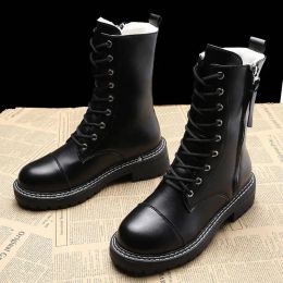 Boots High Quality Pu Leather Women Midcalf Boots Rubber Fashion Waterproof Ladies Platform Boots Solid New Arrival Women Flat Boots