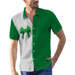 Men's Casual Shirts Green Bow Digital Print Summer Short Sleeve Button Down Color Block Shirt Holidays Man Tops Men Clothing