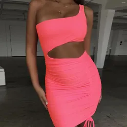 Casual Dresses Neon Sexy One Shoulder Summer Dress Women Hollow Out Waist Ruched Mini Sleeveless Backless Club Party Beach Vestidos