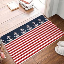 Carpets Bathroom Mat Nautical Red White Stripes And Anchor On Blue Background Doormat Flannel Carpet Balcony Rug Home Decor