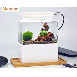 Mini Betta Fish Tank Aquarium Desktop Decorations Marine Aquaponic Fishes Bowl With Water Fliter USB Air Pump LED Light 240314