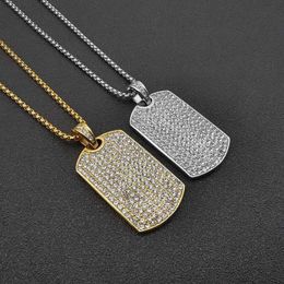 Stainless Steel Geometric Square Dog Tag Pendant Necklace Full Rhinestone Paved Bling Iced Out Men Hip Hop Rapper Jewellery Gift 240311
