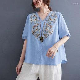 Women's Blouses 2024 Retro Print V-Neck Pullover Summer Split Sleeve Embroidery Fashion Elegant Versatile Loose Middle Shirt Tops