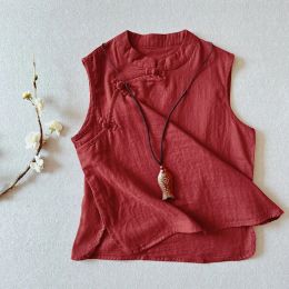 Tops Chinese Lady Vest Cotton Linen Solid Colour O neck 2023 Summer Sleeveless Loose Tank Tops Female YoYiKamomo
