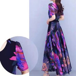 Casual Dresses Summer Maxi Dress Round Neck Bohemian Floral Print Midi For Women High Waist A-line Swing Style With