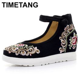 Boots TIMETANG High End Floral Embroidered Women Canvas Flat Platforms Mid Top Ankle Strap Chinese Style Ladies Casual Denim ShoesE343