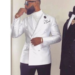 Suits Double Breasted Wedding Tuxedo for Groom African 2 Piece Slim Fit Men Suits White Jacket with Black Pants Fashion Prom Blazer