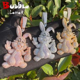 Bubble Letter Prong Rabbit Necklace Pendant for Women Cubic Zirconia Real Copper Iced Out Charm Hip Hop Jewelry 240313