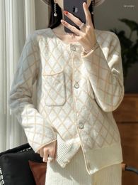 Women's Knits Fashion Diamond Plaid Cardigan Women Sweater Merino Wool Knitwear Spring Autumn Long Sleeve O-Neck Coat