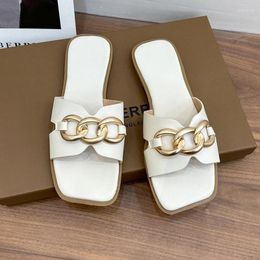 Slippers Chain Women Summer Flat Outdoor Luxury Square Toe Design Sandals Slides 2024 Korean Trend Big Size 36-43