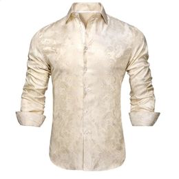 Hi-Tie Ivory Champagne Paisley Silk Mens ShirtLong Sleeve Casual Shirts For Men Jacquard Male Business Party Wedding Dress 240304