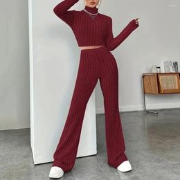 Running Sets Women Knitted Suit Women's Winter Knitwear Set Turtleneck Cropped Top Flared Pants Elegant Solid Pullover With High For Ladies