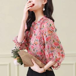 Women's Blouses Temperament Printed Round Neck Shirt For Spring Autumn Sweet Versatile Thin Ear Edge Lantern Sleeve Pleated Chiffon Top