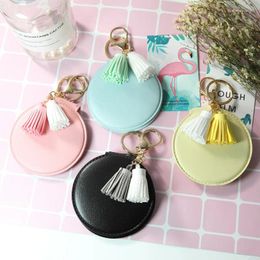 Keychains Mini Round PU Leather Keychain Cute Little Mirror Tassel Carrying Makeup Bag Pendant For Girls Women Jewelry