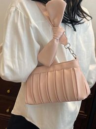 Shoulder Bags 2024 Spring Women's Pleated PU Underarm Bag French Style Solid Versatile Bow Elegant Lady Soft Crossbody Pack
