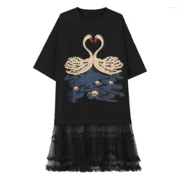 Party Dresses Casual Large Size Loose 2024 Summer Embroidered T-shirt Spell Net Yarn Hem Dress For Women Clothing Vestidos B270
