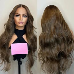 RONGDUOYI Toffee Brown Body Wave Synthetic Wig Long Straight Natural Hairline Glueless Lace Front Wigs Makeup Cosplay Women Use 240312