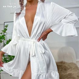 Women's Sleepwear Ruffles Bathrobe Wedding Bride Bridesmaid Robe Summer Faux Silk Kimon Gown Yukata Nightgown