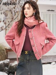 MISHOW Winter Short Woolen Coat Woman Autumn Office Tweed Wool Blend Crop Jacket Crew Neck Warm Pink Overcoat MXC57W0222 240301