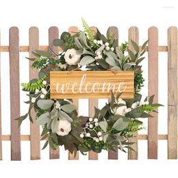 Decorative Flowers Green Eucalyptus Wreath Welcome Sign Garland Leaf Front Door Festival Decor 18Inch Realistic For Spring And Summer