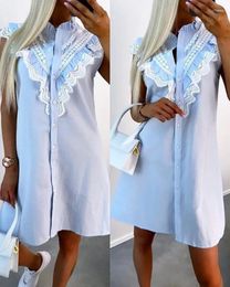 Casual Dresses Womens 2024 Summer Lace Trim Frill Hem Stand Collar Plain Sleeveless Button Daily Mini Straight Shirt Dress