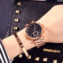 Relógio feminino elegante marca guou famoso luxo ouro à prova dwaterproof água relógios de quartzo senhoras pequenos segundos calendário relógios de pulso aço c1901260t
