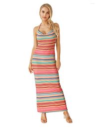 Casual Dresses Yoawdats Women S Summer Halter Bodycon Long Dress Sleeveless Backless Striped Print Knit Bohemian Maxi Y2K