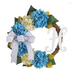 Decorative Flowers Hydrangea Flower Wreath Blue Farmhouse Front Door Porch Artificial With Bow Wall