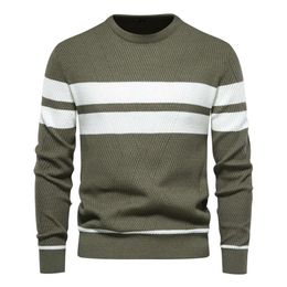 Autumn and Winter Mens Casual Striped Sweater Pullover Color Matching Round Neck European Size Knit Shirt