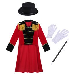 Kids Boys Circus Ringmaster Costume Halloween Theme Party Cosplay Long Sleeve Fringes Trim Tailcoat with Hat Magic Wand Gloves 240306