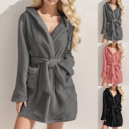 Women's Sleepwear Thicken Fuzzy Bathrobe Women Warm Hooded Robes Flannel Thermal Bath Robe With Pockets Winter Soft Velvet Fleece