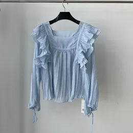 Women's Blouses Elegant Light Blue Ruffled Pleated Sweet Chiffon Fashion Long Sleeve Square Collar Shirt High End Y2K Clothes 24