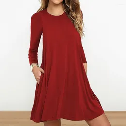 Casual Dresses Women Fall Spring Dress Round Neck A-line Big Hem Long Sleeve Solid Colour Pullover Loose Soft Breathable Above Knee Length