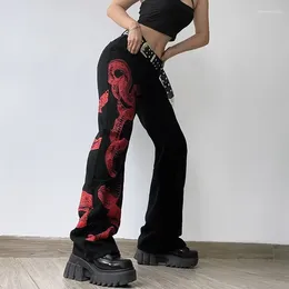 Women's Jeans 2024 Spring Snake Print Tie Straight Black Fashion Harajuku High Waist Wide Leg Denim Trousers Loose Y2k Streetwear