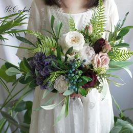 Wedding Flowers PEORCHID Green White Purple Bridal Bouquet European French Country Style Rose Peony Bride Forest 2024