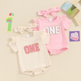 Rompers CitgeeSummer Infant Born Girl Outfit Short Sleeve Embroidery Letters Bodysuit Headband Birthday Clothes