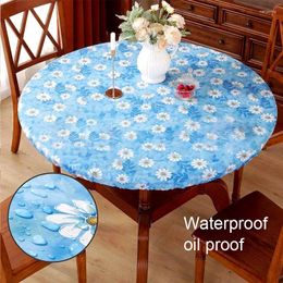 Table Cloth 1PC Waterproof Round Cover With Elastic Edged Fitted Protector Blue PVC Daisy Print Tablecloth High Quality